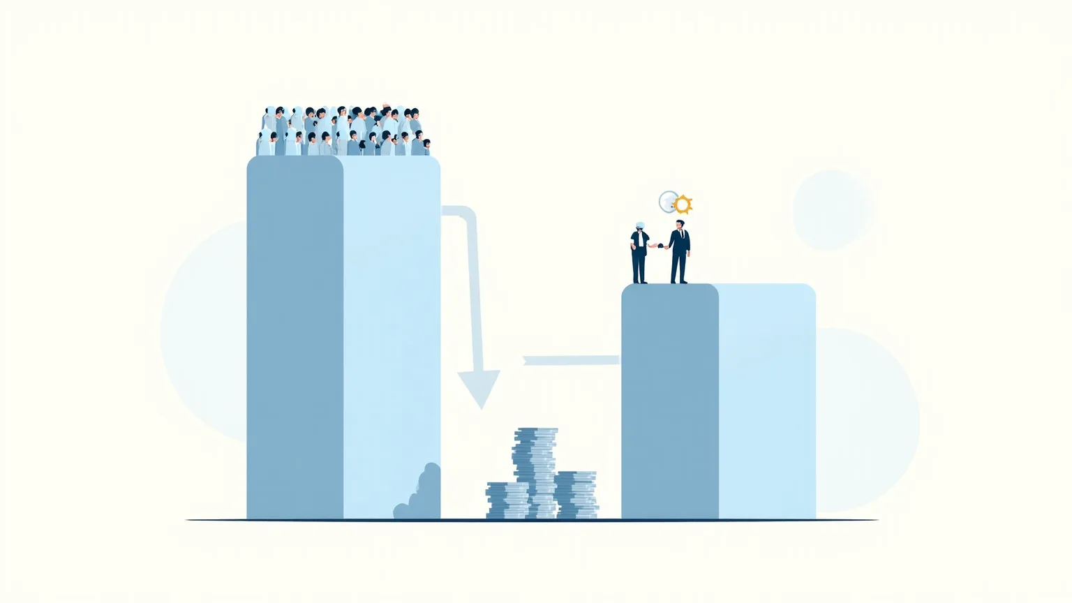 Two delivery timelines compared: a long one with many people and a short one with two people and an AI agent